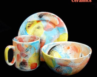 Ceramic Breakfast Set Hand Painted Hand Made Studio Pottery Mug Plate Bowl Día Soleado Pattern