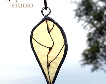 Stained Glass Suncatcher Handmade Amber Leaf Copperfoil Interior or Exterior