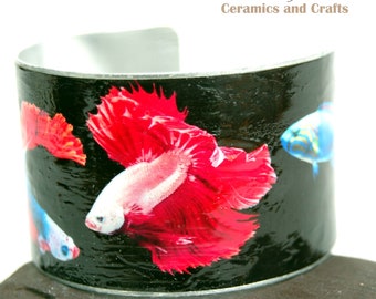 Cuff Bracelet Bangle Aluminium Metal Handmade United Kingdom Tropical Fish Pattern Wide 40mm