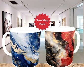 Ceramic Mug Marble Pattern Effect Coffee Tea Black White Mugs PAIR x2 Designs 11oz Indigo Red