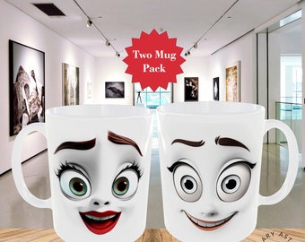 Ceramic Mug Funny Face Cartoon Faces Coffee Tea Mugs PAIR x2 Designs 11oz Sublimation Printed