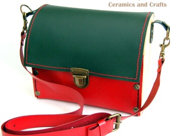 Leather and Wood Shoulder Bag Handbag Messenger Crossbody Sling Purse Handmade Hand Stitched Red Black
