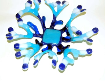 Fused Glass Blue Coral Organic Shaped Bowl Dish 8 Inch