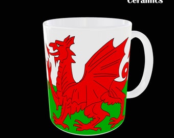 Ceramic Mug Wales Welsh Cymru Dragon Flag British Coffee Tea Black White 11oz Sublimation Printed