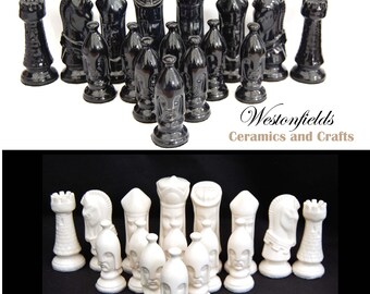 Ceramic Duncan Medieval Gothic Chess Pieces Set Black and White Glazed 32 Pieces Handmade Hand Painted