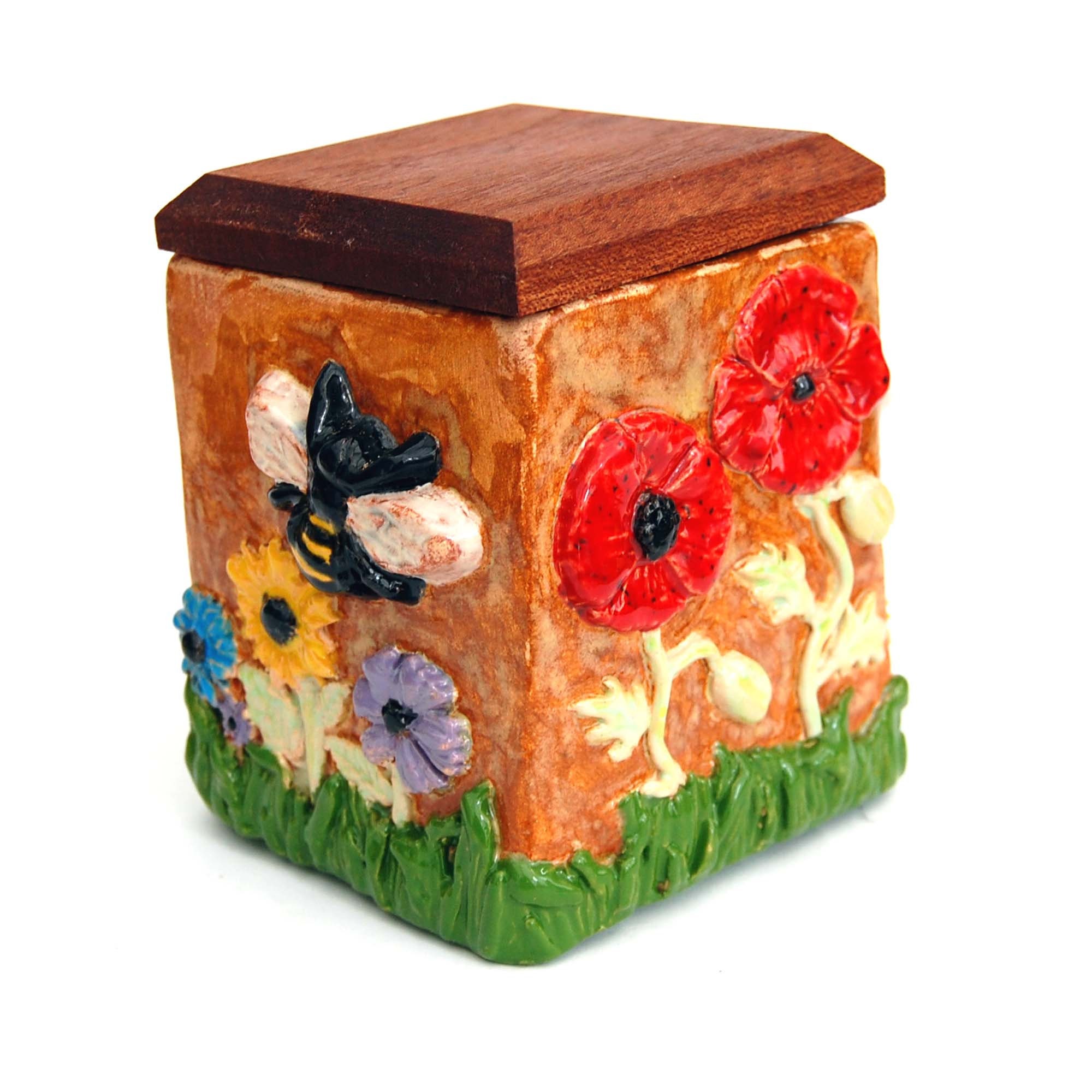 Studio Pottery Ceramic Box With Hardwood Lid Relief Carved