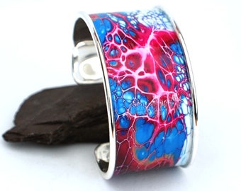 Cuff Bracelet Bangle Silver Tone Metal Inlaid Handmade Abstract Amphitrite Pattern Oval Profile