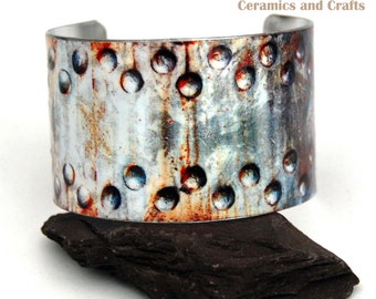 Cuff Bracelet Bangle Aluminium Metal Handmade United Kingdom Steampunk Industrial Pattern Rusty Metal #3 Wide 40mm