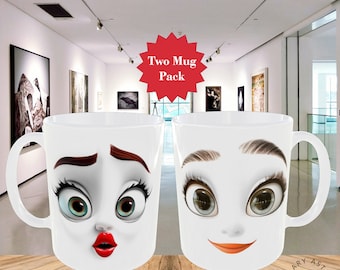 Ceramic Mug Funny Face Cartoon Faces V3 Coffee Tea Mugs PAIR x2 Designs 11oz Sublimation Printed