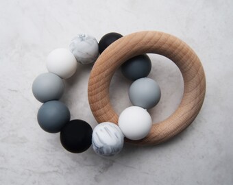 Monochrome Marble Teether, teething ring, new baby gift, stylish teether, silicone toy, CE tested, wooden teether, birthday, mono, rattle
