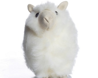 Op de afbeelding: Een wit, pluche speelgoed in de vorm van een schaap. Het schaap heeft een klein, rond gezicht met zwarte ogen en een bruine neus.