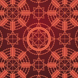 K&ouml;nnte beinhalten: Ein nahtloses Muster mit einem sich wiederholenden Design aus roten und orangefarbenen geometrischen Formen. Das Muster zeigt eine Reihe konzentrischer Kreise mit sternf&ouml;rmigen Designs.