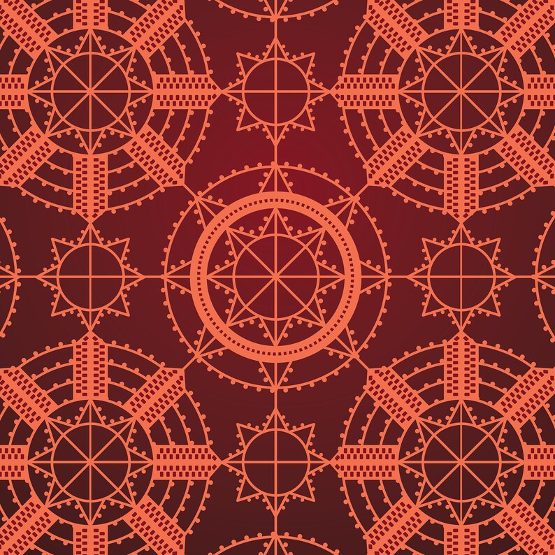 K&ouml;nnte beinhalten: Ein nahtloses Muster mit einem sich wiederholenden Design aus roten und orangefarbenen geometrischen Formen. Das Muster zeigt eine Reihe konzentrischer Kreise mit sternf&ouml;rmigen Designs.