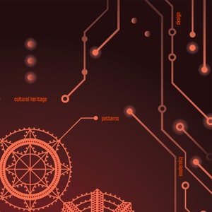 K&ouml;nnte beinhalten: Abstraktes digitales Design mit geometrischen Mustern in Orange- und Rott&ouml;nen. Das Design zeigt eine Leiterplatte mit leuchtenden Knoten und den W&ouml;rtern "kulturelles Erbe", "Muster", "Modernit&auml;t" und "Design".