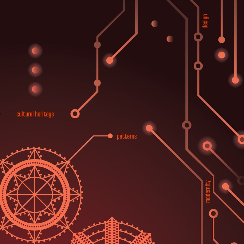 K&ouml;nnte beinhalten: Abstraktes digitales Design mit geometrischen Mustern in Orange- und Rott&ouml;nen. Das Design zeigt eine Leiterplatte mit leuchtenden Knoten und den W&ouml;rtern "kulturelles Erbe", "Muster", "Modernit&auml;t" und "Design".