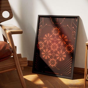 K&ouml;nnte beinhalten: Ein gerahmter Druck mit einem geometrischen Design in Orange- und Rott&ouml;nen auf schwarzem Hintergrund. Das Design besteht aus einer Reihe sich &uuml;berlappender Kreise und Linien, die ein komplexes und filigranes Muster erzeugen.
