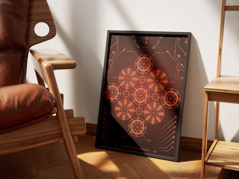 K&ouml;nnte beinhalten: Ein gerahmter Druck mit einem geometrischen Design in Orange- und Rott&ouml;nen auf schwarzem Hintergrund. Das Design besteht aus einer Reihe sich &uuml;berlappender Kreise und Linien, die ein komplexes und filigranes Muster erzeugen.