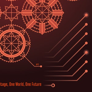 K&ouml;nnte beinhalten: Abstraktes geometrisches Design mit roten und orangen Linien und Kreisen auf einem dunkelroten Hintergrund. Der Text "art" und "Heritage, One World, One Future" ist unten im Bild sichtbar.