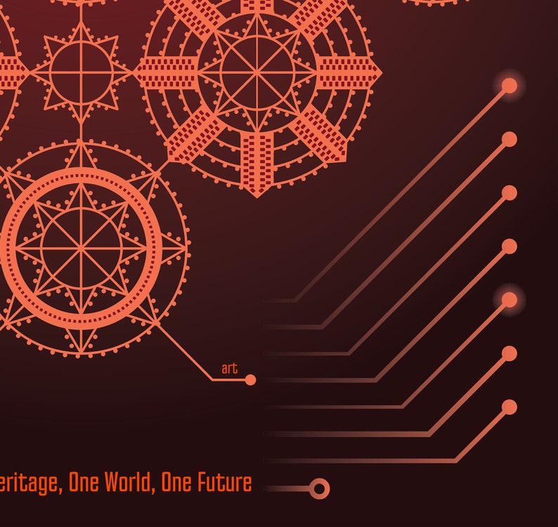 K&ouml;nnte beinhalten: Abstraktes geometrisches Design mit roten und orangen Linien und Kreisen auf einem dunkelroten Hintergrund. Der Text "art" und "Heritage, One World, One Future" ist unten im Bild sichtbar.