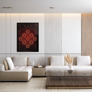 K&ouml;nnte beinhalten: Ein modernes Wohnzimmer mit einem wei&szlig;en Ecksofa, einem Glas-Couchtisch und einem geometrischen abstrakten Kunstdruck an der Wand. Das Sofa hat beige und wei&szlig;e Kissen und der Couchtisch hat eine Holzplatte.
