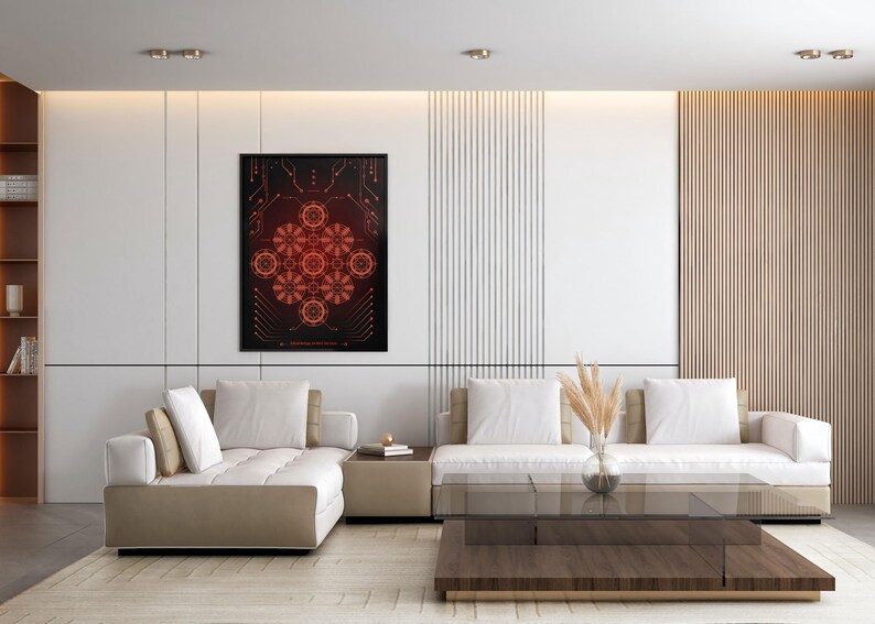 K&ouml;nnte beinhalten: Ein modernes Wohnzimmer mit einem wei&szlig;en Ecksofa, einem Glas-Couchtisch und einem geometrischen abstrakten Kunstdruck an der Wand. Das Sofa hat beige und wei&szlig;e Kissen und der Couchtisch hat eine Holzplatte.