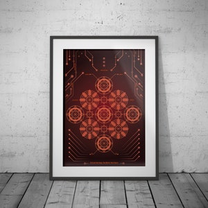 K&ouml;nnte beinhalten: Ein gerahmter Druck mit einem geometrischen Design in Rot- und Oranget&ouml;nen. Das Design ist ein mandalaartiges Muster mit einem Leiterplattenhintergrund. Der Text "Cultural Heritage One World One Future" befindet sich am unteren Rand des Drucks.