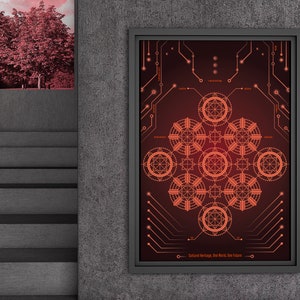 K&ouml;nnte beinhalten: Ein gerahmtes Poster mit einem roten und orangen geometrischen Design. Das Design zeigt ein kreisf&ouml;rmiges Muster mit Linien und Punkten. Das Poster tr&auml;gt den Text "Kulturelles Erbe, Eine Welt, Eine Zukunft" am unteren Rand.