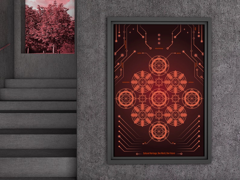 K&ouml;nnte beinhalten: Ein gerahmtes Poster mit einem roten und orangen geometrischen Design. Das Design zeigt ein kreisf&ouml;rmiges Muster mit Linien und Punkten. Das Poster tr&auml;gt den Text "Kulturelles Erbe, Eine Welt, Eine Zukunft" am unteren Rand.