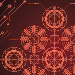 Close-up view of a poster showcasing a futuristic design blending traditional Cypriot lace patterns with modern technological elements in a deep red color scheme.