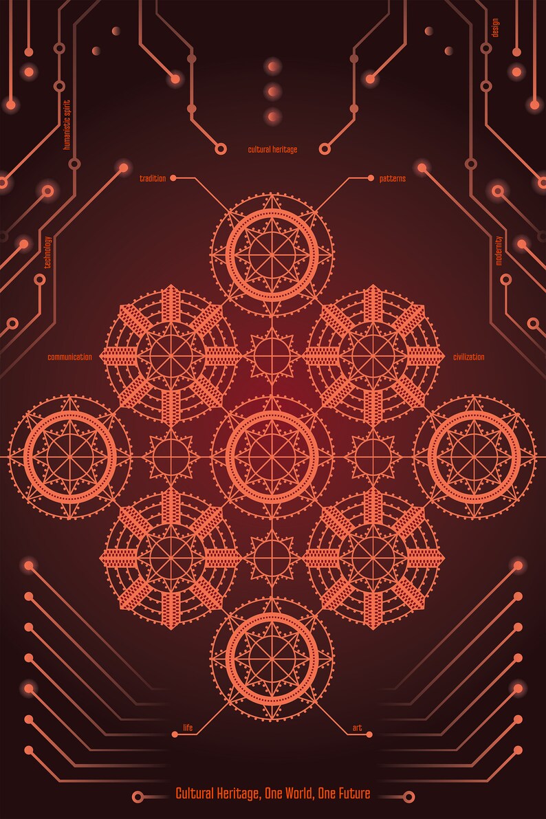 K&ouml;nnte beinhalten: Eine abstrakte digitale Illustration einer roten Leiterplatte mit einem zentralen Design aus &uuml;berlappenden Kreisen und Sternen. Der Text "Cultural Heritage, One World, One Future" befindet sich am unteren Rand des Bildes.