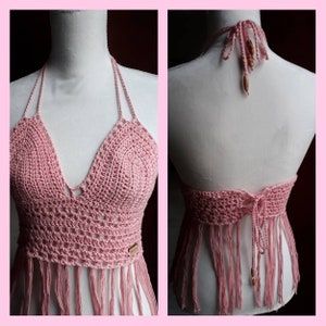 Ready to Ship!  Small/medium Women&#39;s fringed halter crop top! Made of 100% pink cotton yarn.