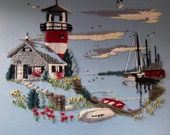 Vintage Lighthouse Wool Crewel Embroidery - Coastal Nautical Wall Art
