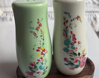 Hand-Painted Floral Salt & Pepper Shakers with Wooden Tray | Cottagecore Kitchen Decor