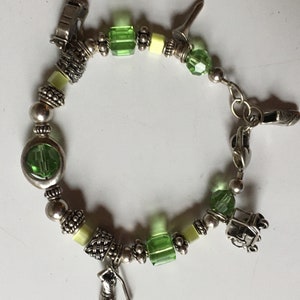 EK moje ulubione rzeczy golfowe Swarovski zielony kryształ i srebrny 7-calowy charm bransoletka charms to golfista, but golfowy, wózek, T, torba golfowa