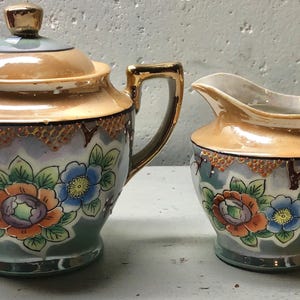 Vintage lusterware green orange hand painted floral sugar creamer set