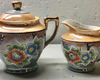 Vintage lusterware green orange hand painted floral sugar creamer set