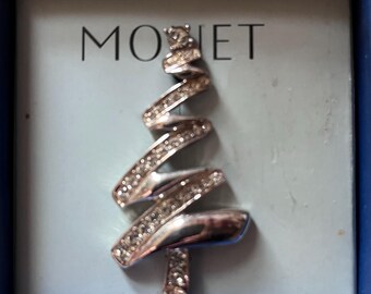 Monet Rhinestone Christmas Tree Brooch Silver Tone Holiday Pin Vintage Style