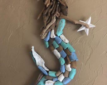 Driftwood Mermaid large wall decor 28x18 multicolored chalk paint beach coastal