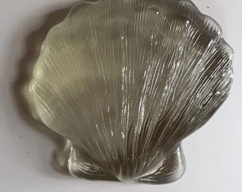 Vintage Clear Glass Scallop Shell Paperweight, Coastal Beach Decor