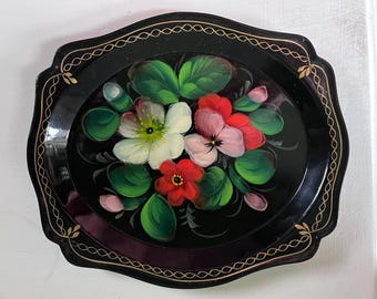 Vintage Black Toleware Floral Tray Hand Painted Gold Trim Korea Wall Decor Vanity Dish