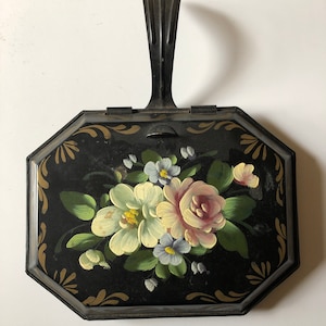 Vintage black toleware crumb catcher silent butler white pink floral