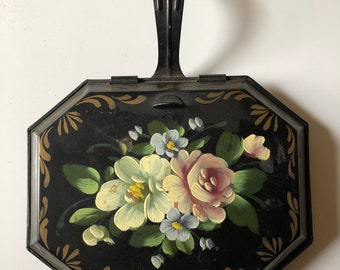 Vintage black toleware crumb catcher silent butler white pink floral