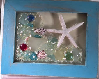 Coastal Sea Glass Shadow Box Starfish Shell Wall Art Blue Beach Cottage Decor