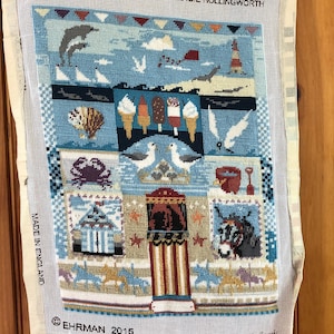 Seaside sampler crewel completed 20x15 wall hanging