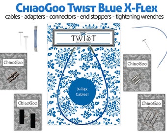 ChiaoGoo Twist Blue X-Flex interchangeable cables, adapters, connectors, stoppers for Chiaogoo knitting tips