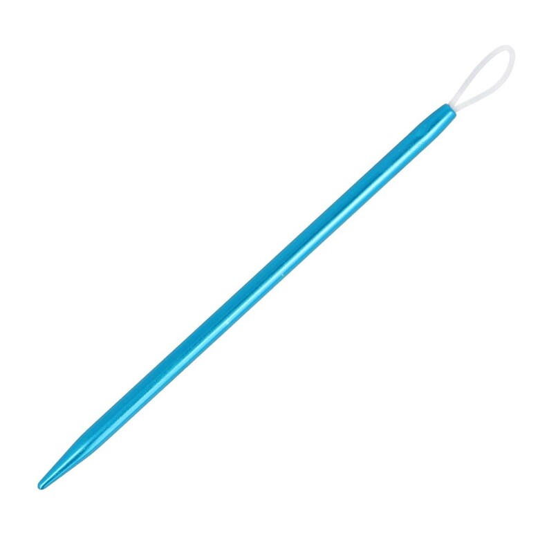 May include: A blue metal knitting needle with a loop at the top.