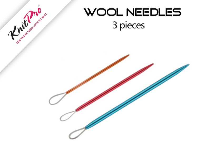 May include: Three knitting needles, one copper, one red, and one blue, with a loop at the end of each needle. The needles are arranged in a row, with the copper needle at the top, the red needle in the middle, and the blue needle at the bottom. The text "WOOL NEEDLES 3 pieces" is printed above the needles.