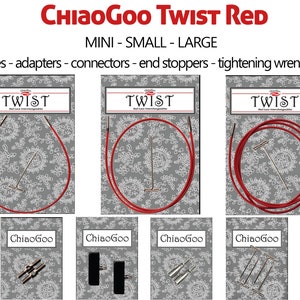 ChiaoGoo Twist Red Mini Small Large interchangeable cables, adapters, connectors, stoppers for Chiaogoo knitting tips