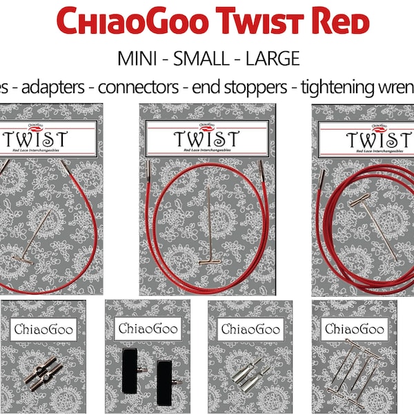 ChiaoGoo Twist Red Mini Small Large austauschbare Kabel, Adapter, Steckverbinder, Stopper für Chiaogoo Strickspitzen