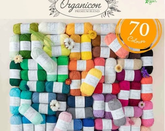 May include: A colourful arrangement of 70 shades of Scheepjes Organicon premium blend yarn. The image displays a variety of yarn skeins in shades of green, blue, yellow, orange, pink, purple, and more. The text "Organicon PREMIUM BLEND" is visible.